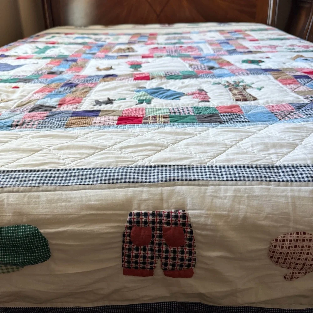 Vintage Appliqué Farm Scene Quilt 100” x 88” Patchwork Country Queen